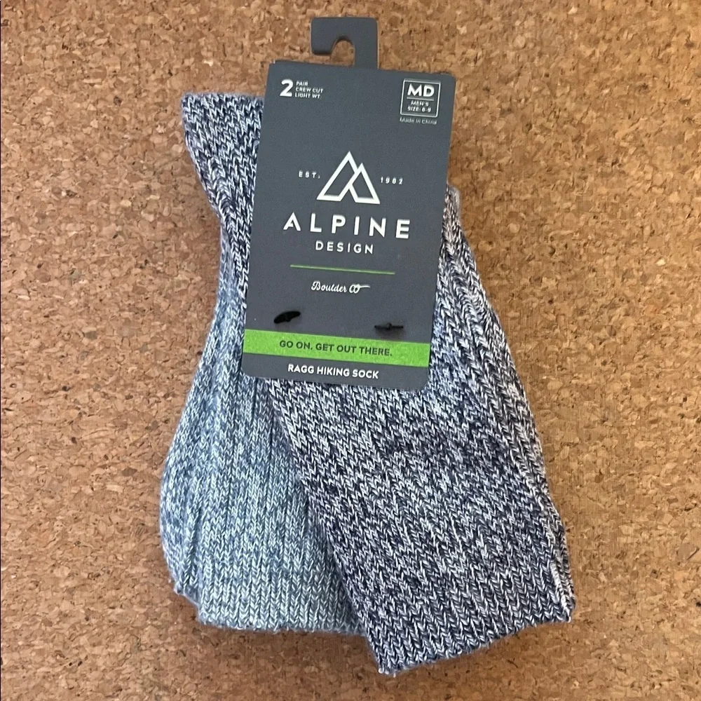Alpine Design Ragg Hiking Socks Mens MD Blue NEW 2 Pair Crew Cut AD23-MSTR-15660